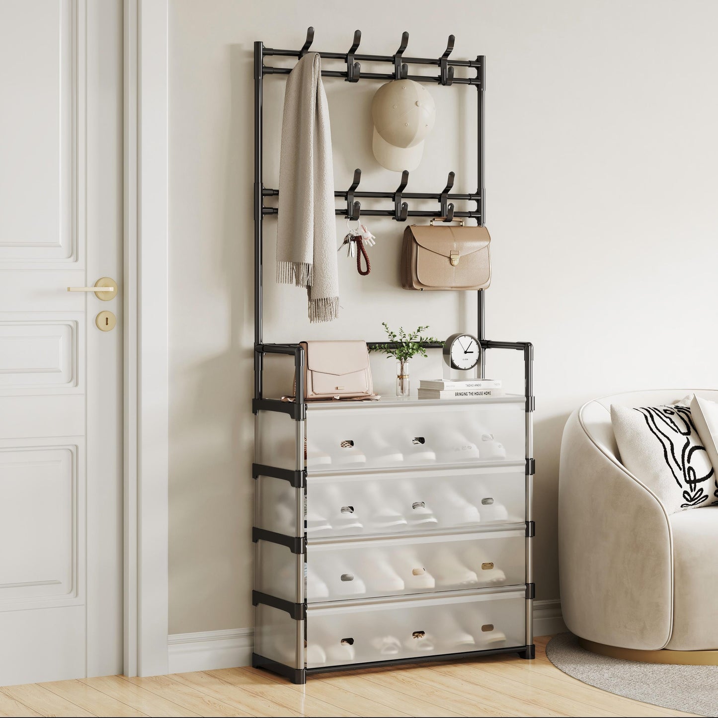 Étagère Multifonction 5 Niveaux – Rangement Chaussures & Porte-Chapeau avec Couvercle Anti-Poussière